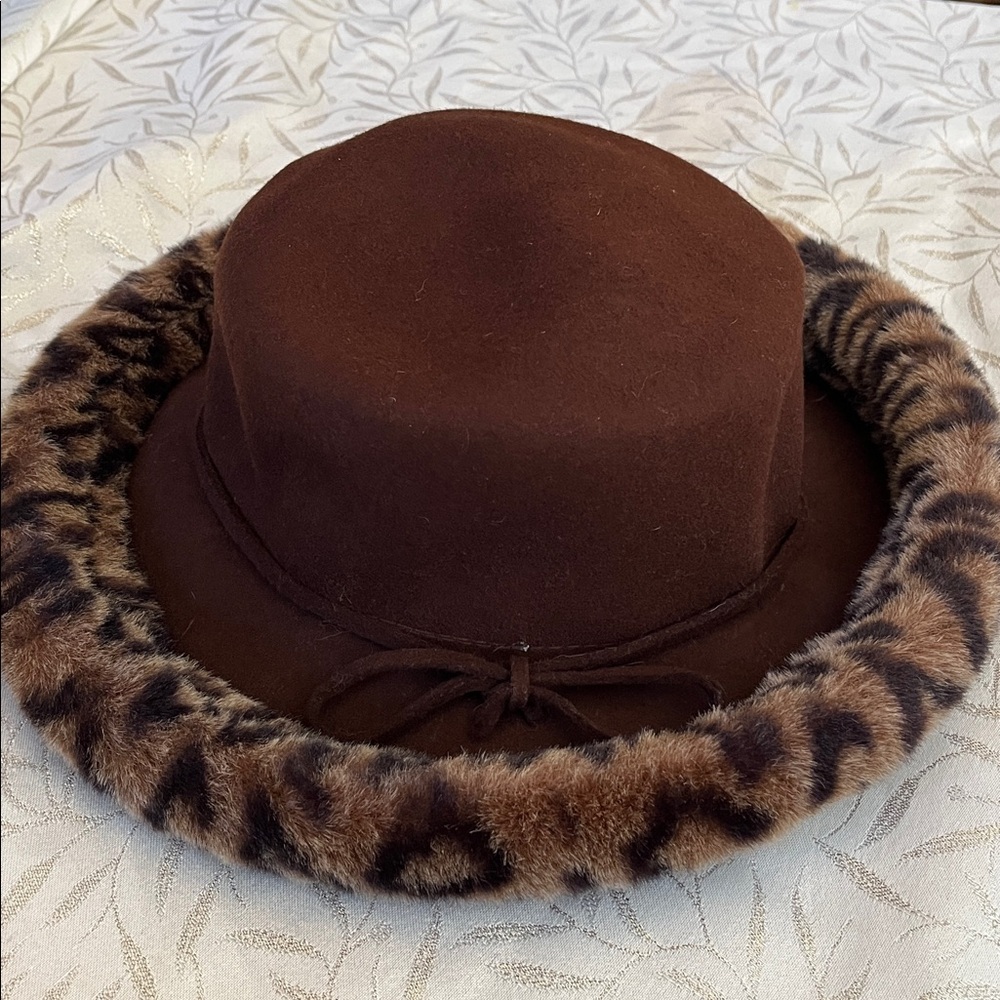 Vintage Fall Wool Brown Hat w/Animal Faux Fur Print Trim - Picture 11 of 13